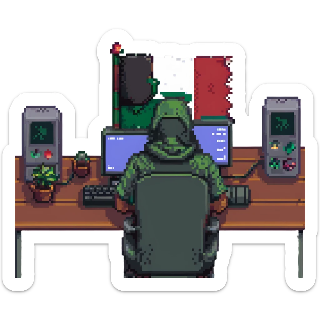 pixel art of a Palestinian person in front of a gaming setup, with a small Palestinian flag visible sticker