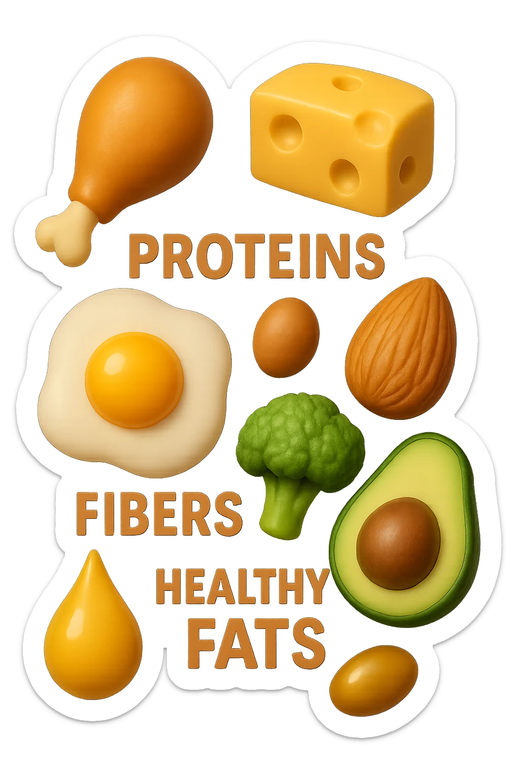 EMOJI STILE IPHONE 3D DI proteine, fibre, grassi sani che fluttuano in aria, iperrealistico 4k sticker