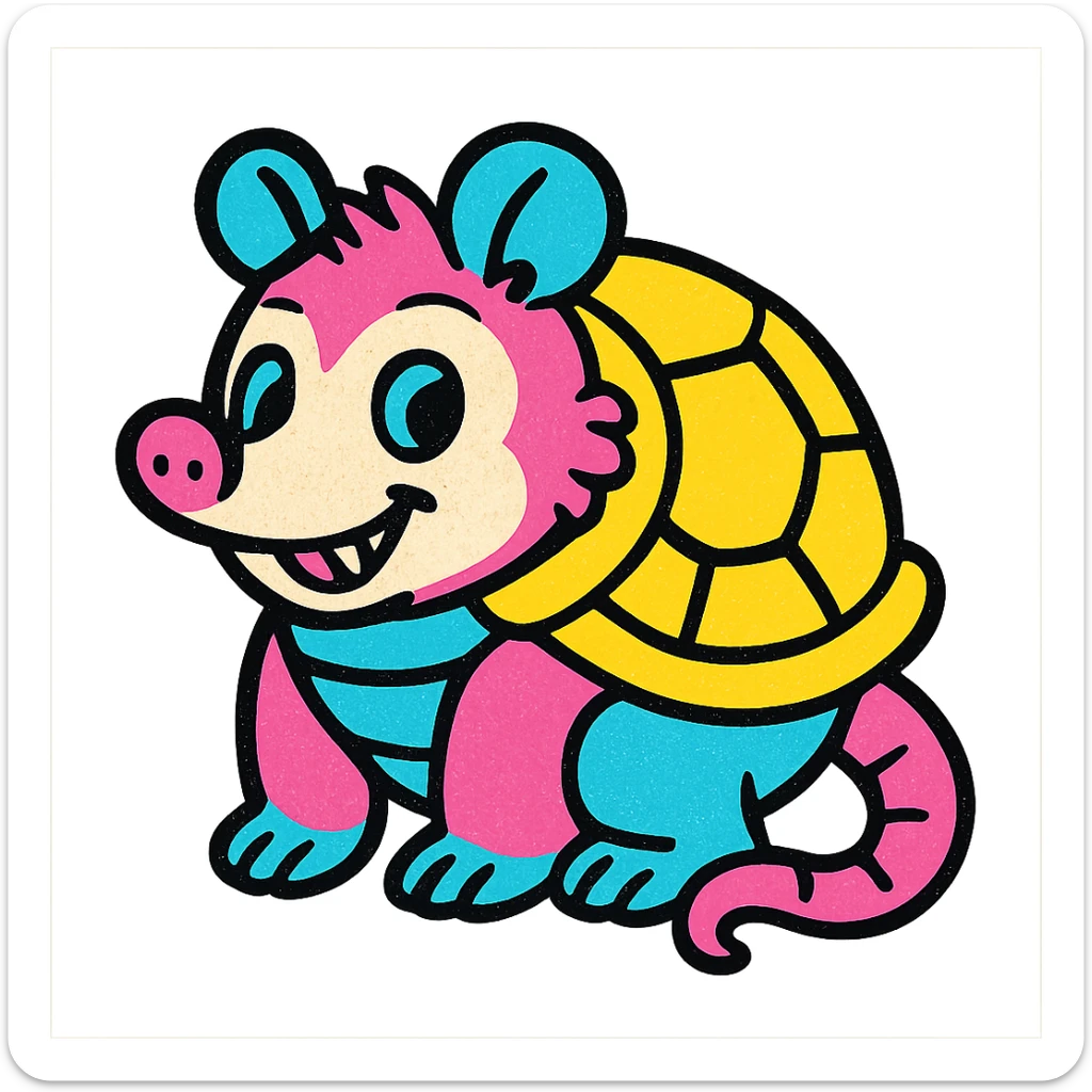 cute cartoon possum dressed up like a turtle, sticker style, transparent background sticker
