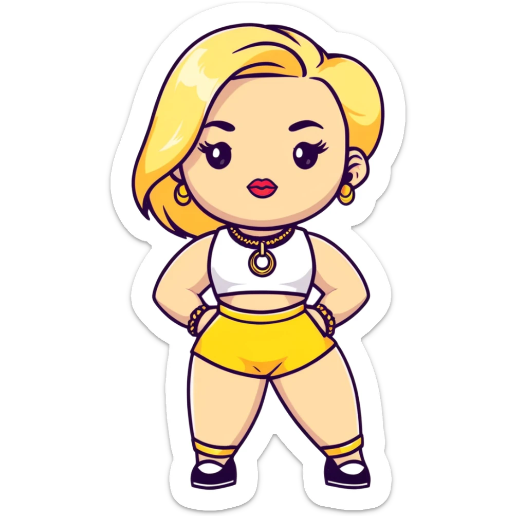Full body white teenage girl with blonde hair, heavy makeup, big lips, crop top, gold jewelry and flashy choni style outfit sticker