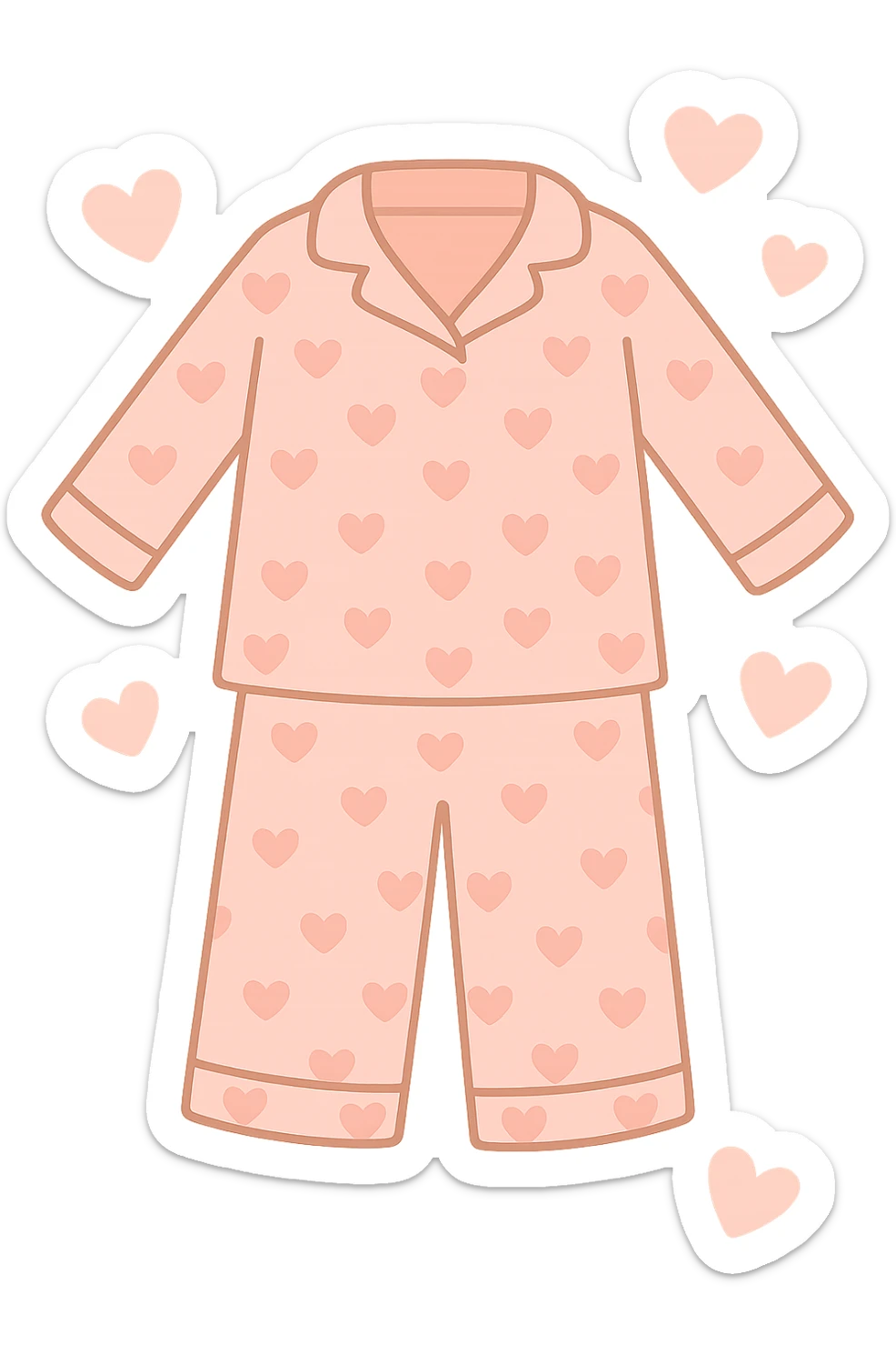 Remove the face from the pink heart pajamas with a pattern of hearts and hearts surrounding it, keep the style and transparency. Maintain the pink pajamas with heart patterns and floating hearts, but without any face visible. sticker