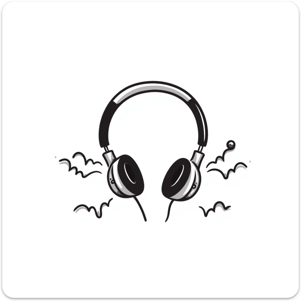 Hand-drawn sketch of DJ headphones with music waves sticker