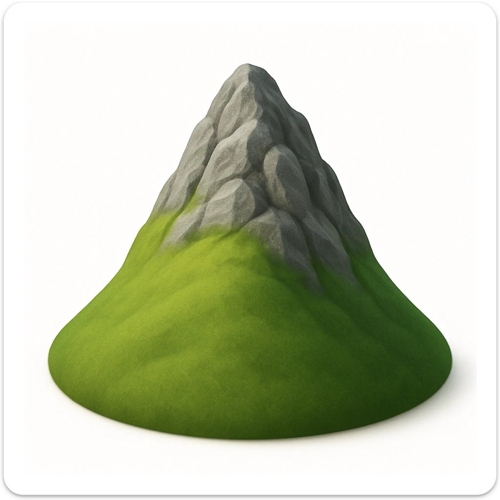 A 3D emoji in iOS emoji aesthetic style of a tall hill with a grassy green base and rocky upper peak, visible stone textures and uneven slopes, the top part made of rough gray rocks while the lower part is covered in lush green grass, sunlight creating soft shadows, realistic yet minimal Apple-style design, clean white background.
 sticker
