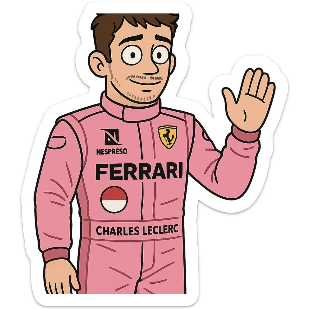 Illustration of Charles Leclerc in pink F1 racing suit, flat toon style sticker