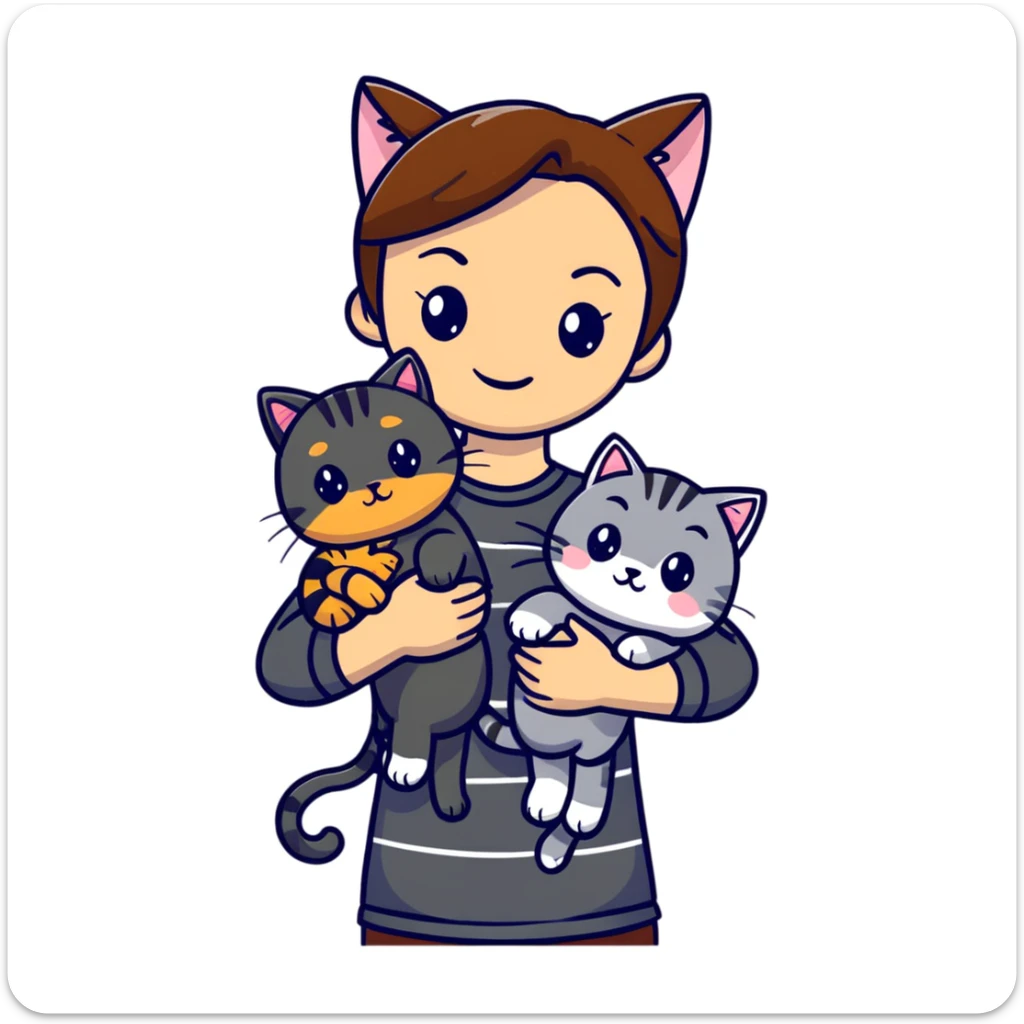 Tan brown-haired girl holding three cats, one black cat, one grey cat, and one grey-striped cat sticker