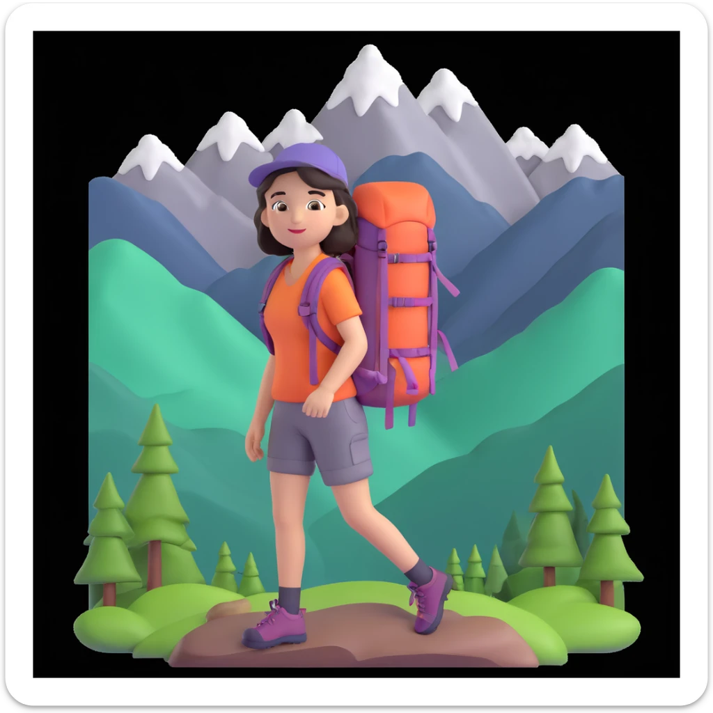 portrait of girl back packing mountains in background, close up pose sticker