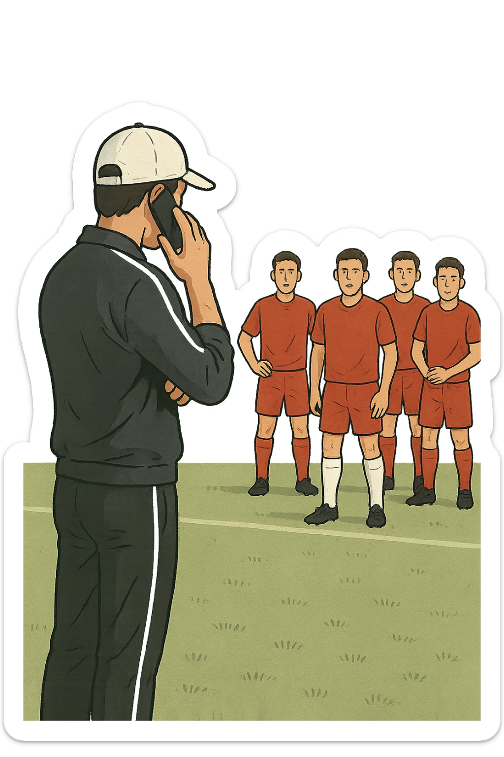 a coach is seen far away on the sidelines, partially turned away from the team or group, engaged in another activity (like reading, texting, or talking on the phone), while the athletes look toward them for support or instruction. The distance between coach and team is visually clear, symbolizing lack of presence. in italiano sticker