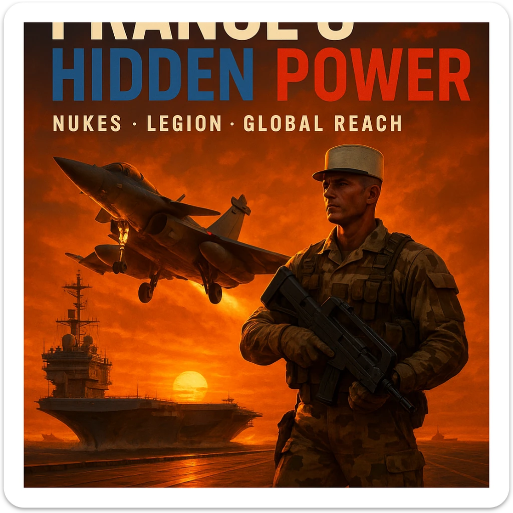 Dramatic 8K scene of a Rafale jet taking off from a French carrier at sunset with an orange glow. Foreground features a Foreign Legionnaire in desert camouflage with a futuristic weapon. Bold tricolor text: 'FRANCE’S HIDDEN POWER'. Subtext: 'Nukes • Legion • Global Reach'. Epic, cinematic. sticker