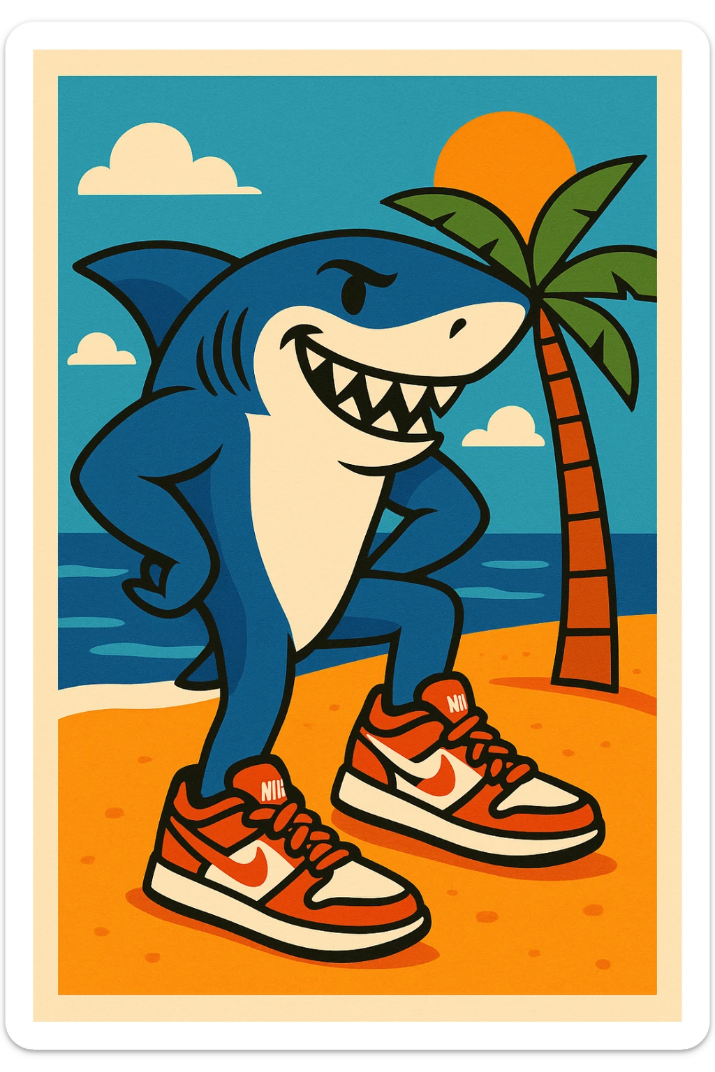 modern illustration style shark wearing Nike sports sneakers, posing on the beach sticker