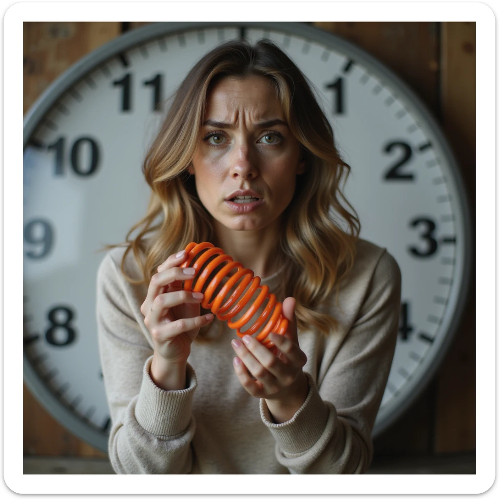 adult woman, photorealistic, holding a toy spring (slinky) in front of a scale, frustrated expression, natural light, home background, concept of yo-yo effect sticker