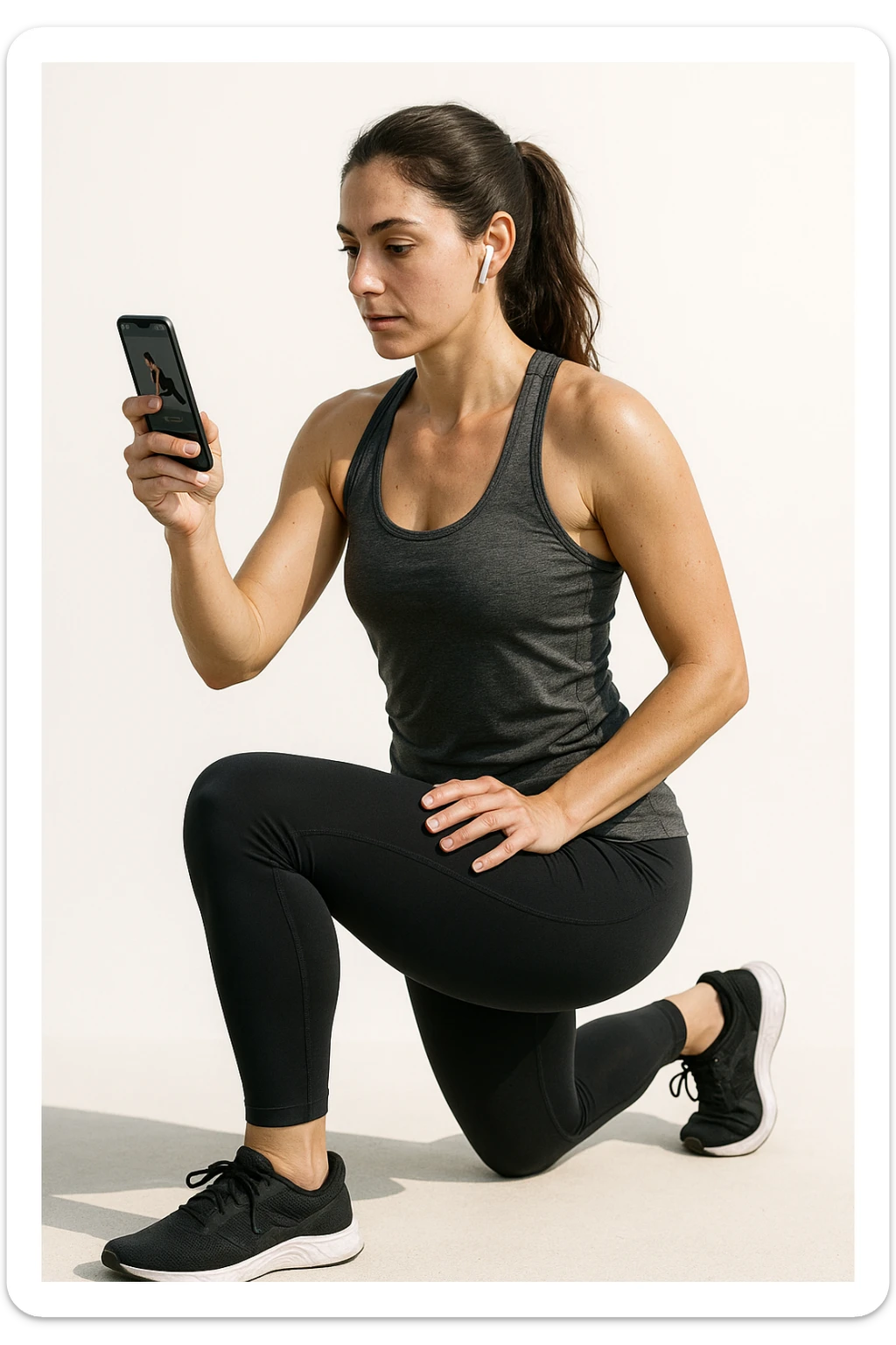 donna su sfondo isolato che fa workout tramite app fitness. in italiano sticker