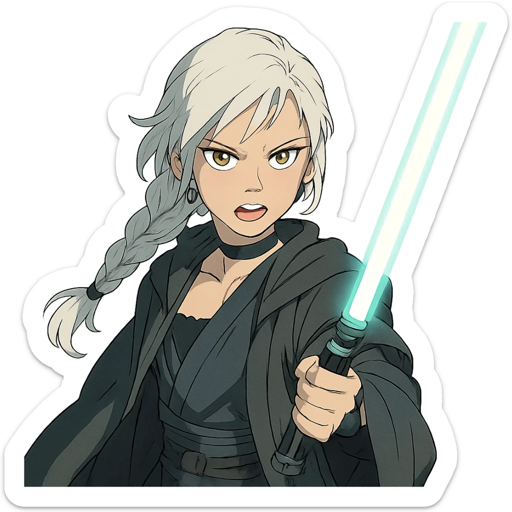  a closeup portrait of young woman with gold yellow eyes, white hair, long braid, black off-shoulder top, punk gothic style, futuristic cyberwave cyberpunk,  jedi attire and posture robes of a padawan, foreweilding a bright blue-green lightsaber, angry fierce face expression, power stance, 30-90 sticker