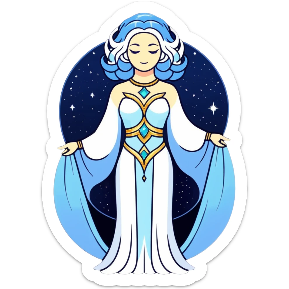 fullbody universe goddess Sophia, Ethereal Light Being, Made of starlight and fractals, Glowing white/gold skin with flowing translucent robes, Hair blue like galaxy mist, Jewelry made of stars and crystals sticker