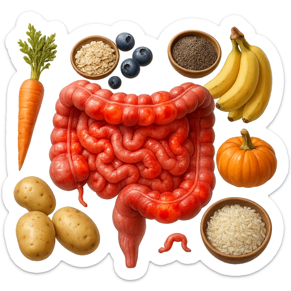 intestino umano anatomico infiammato con carota, bowl di avena, mirtilli, bowl di semi di chia, patate, banane, zucca, bowl di riso che gli fluttuano intorno , iperrealistico 4k sticker