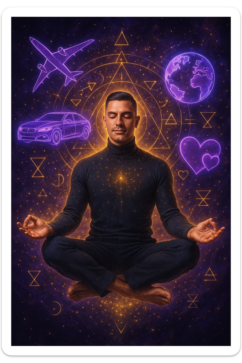 "Un uomo in meditazione fluttuante nello spazio cosmico, circondato da particelle dorate e simboli alchemici. Intorno a lui, oggetti e situazioni dei suoi desideri (auto, viaggi, amore) si materializzano come ologrammi luminosi. Stile cyber-mistico, colori viola e oro." sticker