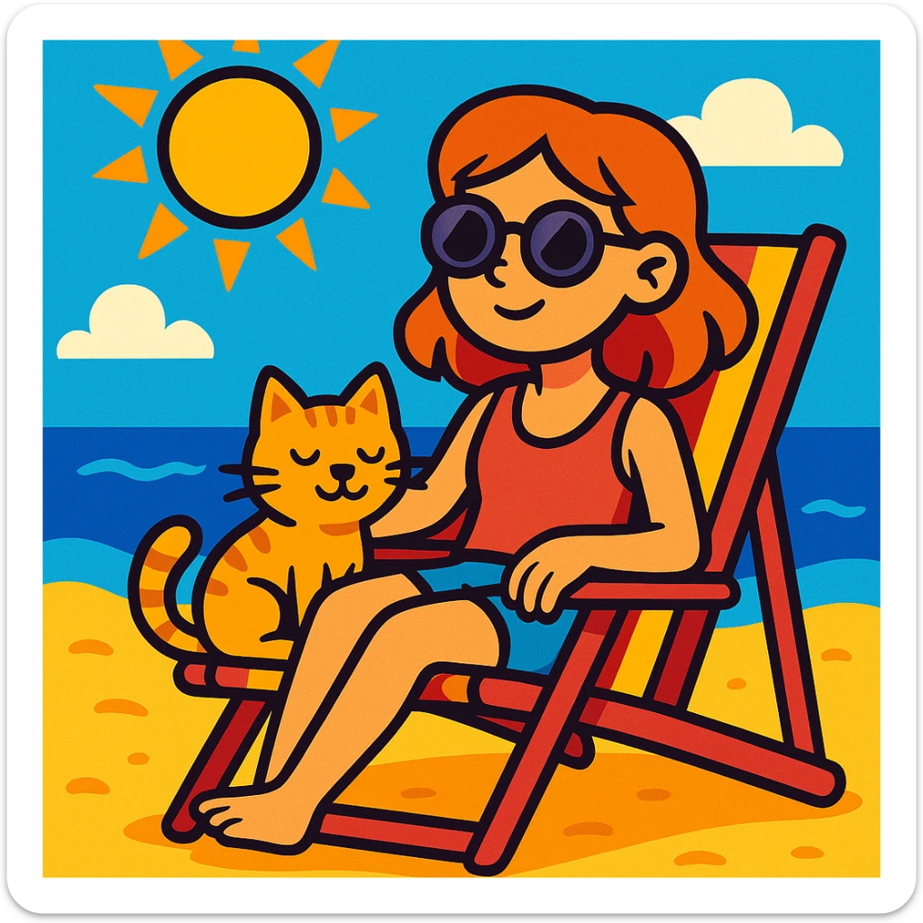 girl sitting in a beach chair with her cat, sunny summer day, vibrant toon style sticker