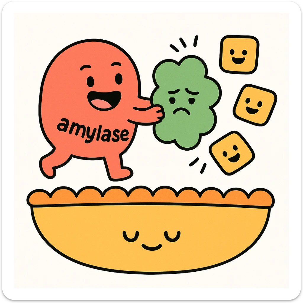 Ultra-detailed emoji-style illustration of enzyme digestion: Red amylase breaking green starch into sugars near a yellow cell membrane. Clean white background, no text. Scientific but simple, cartoon-exact shapes sticker