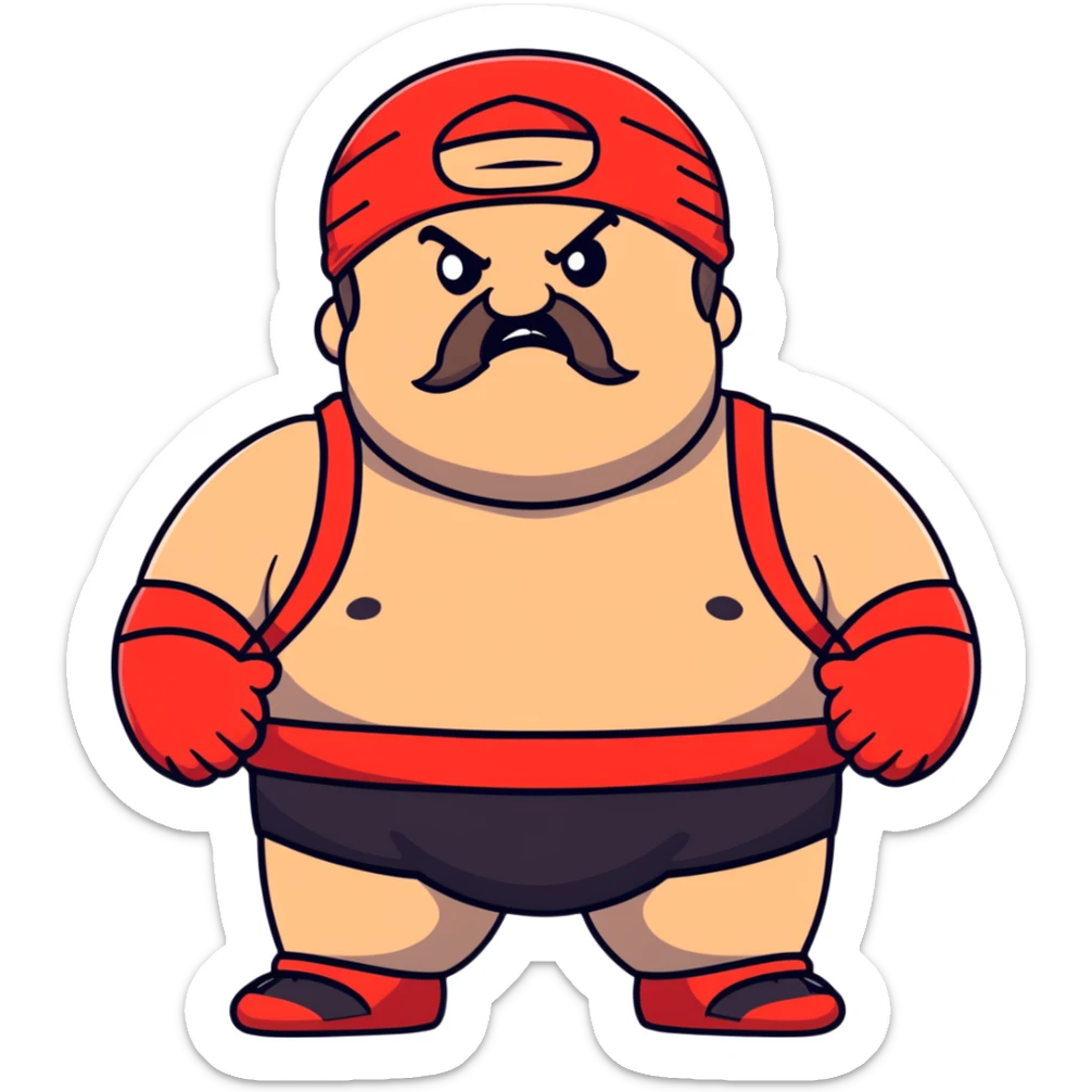 Extreme close-up of face of morbidly obese white skin guy with young face, prominent BLACK DURAG tied clearly on head, distinct black beard and mustache, black eyes in a red and black wrestling singlet with angry expression sticker