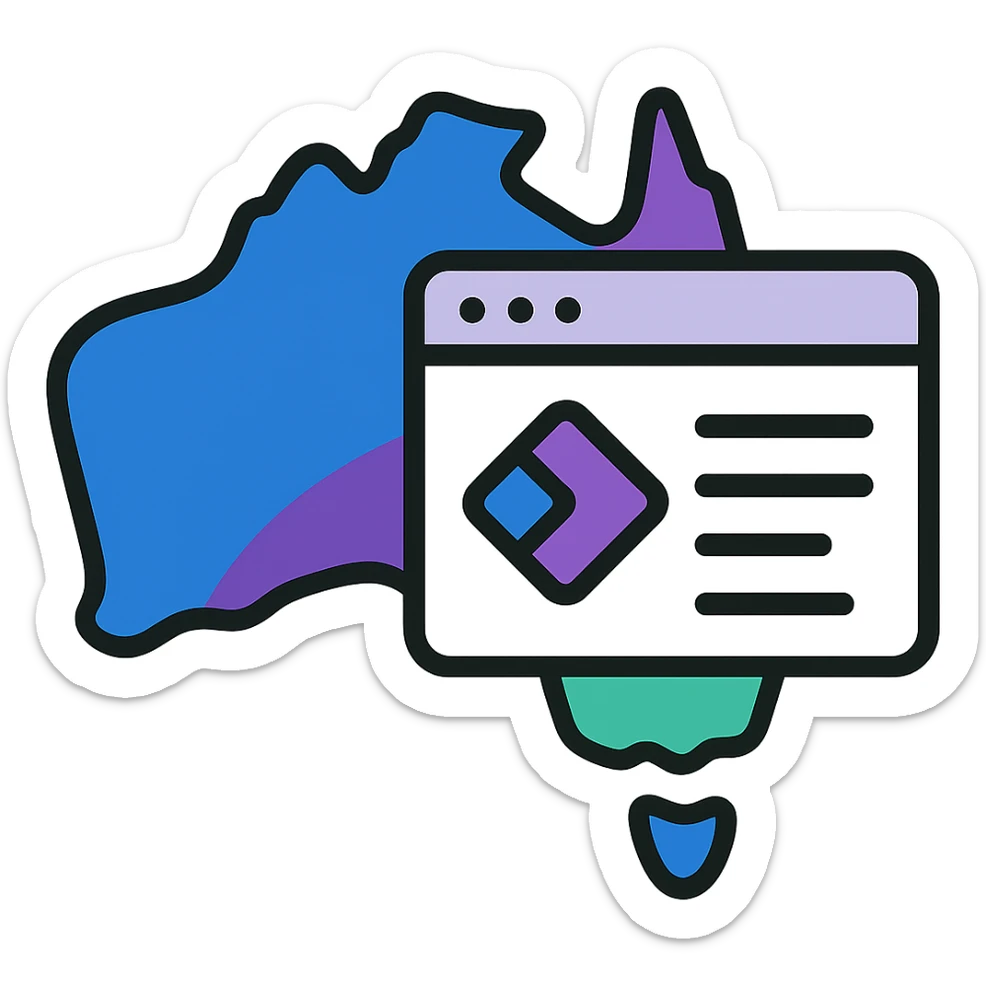 Add Microsoft Power Pages brand colors (blue, purple, teal) to the map of Australia with digital web page overlay, keep the modern and techy look, no text sticker