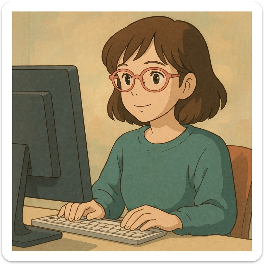 woman with light pink glasses working on computer, light skin, brown hair, ghibli style, soft background sticker