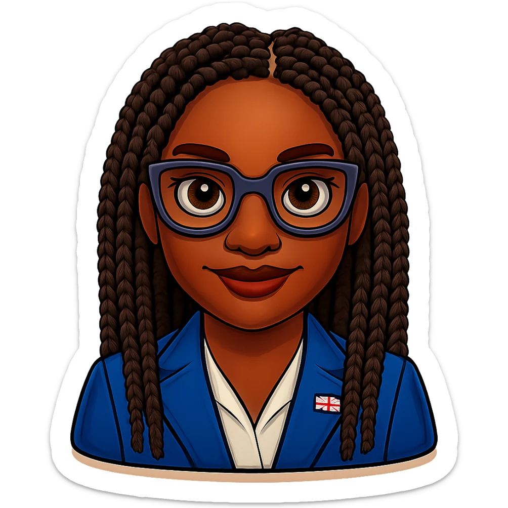 Add braided hair to Kemi Badenoch emoji with glasses, keep the background transparent. Maintain the style and transparent background. sticker