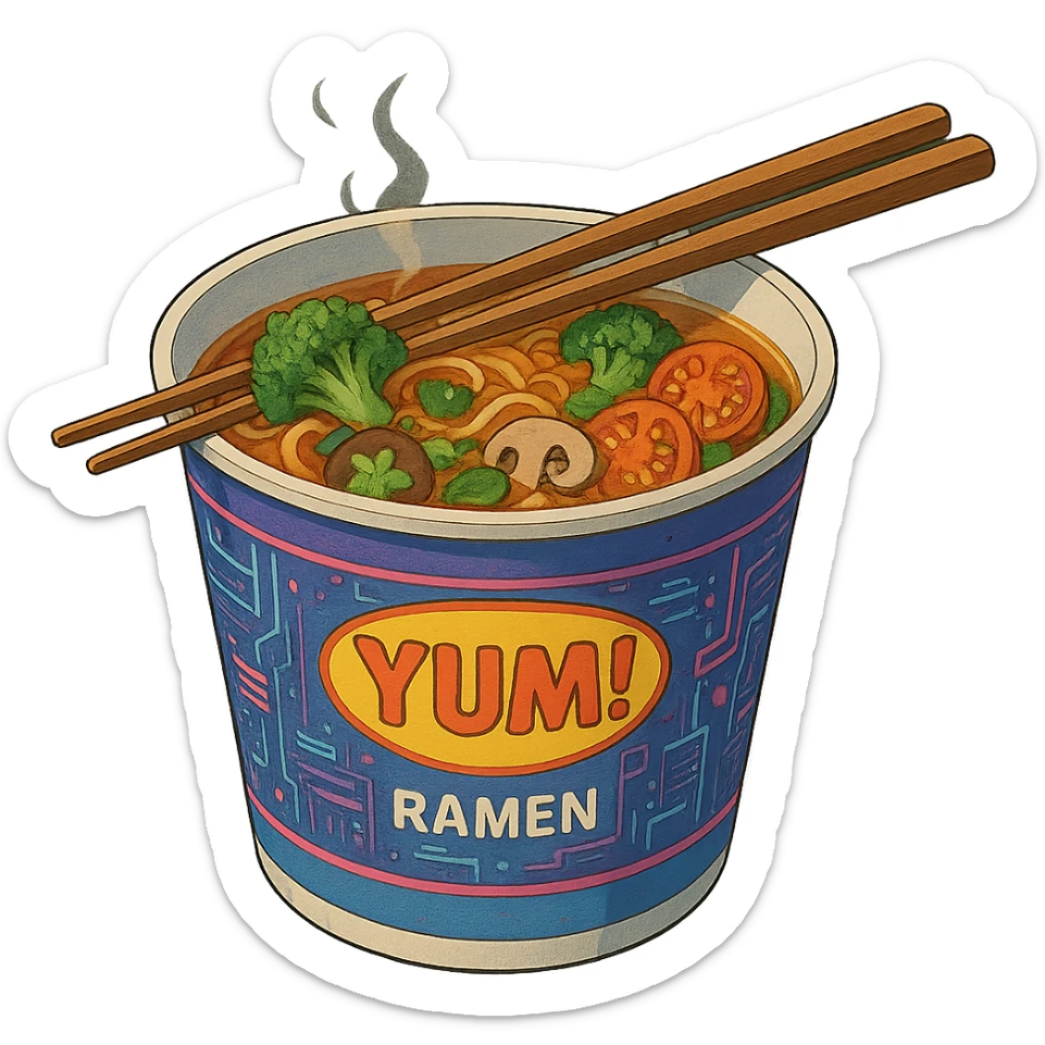 cyberpunk futuristic, scifi, a bowl of delicious veggie , ramen, 1990s, paper cup, classic style branding, with chopsticks, empty background, brand name: YUM! sticker