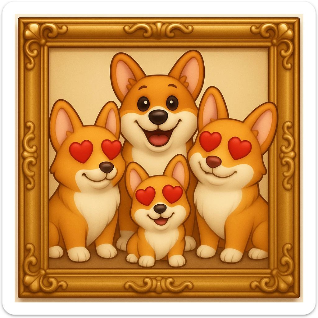 Make the lines and style of the corgi family photo match the 3D emoji look and line quality of the reference image, with smooth, soft shading and a playful, expressive feel. Keep the family photo in a gold ornate frame. The style should resemble the 3D emoji style with smooth and soft shading, playful and expressive. sticker