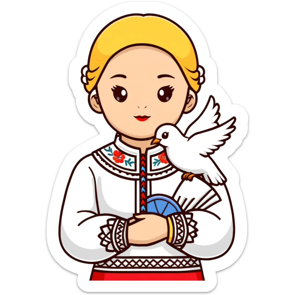 Ukrainian girl wearing a traditional embroidered vyshyvanka shirt with a white dove of peace next to her sticker
