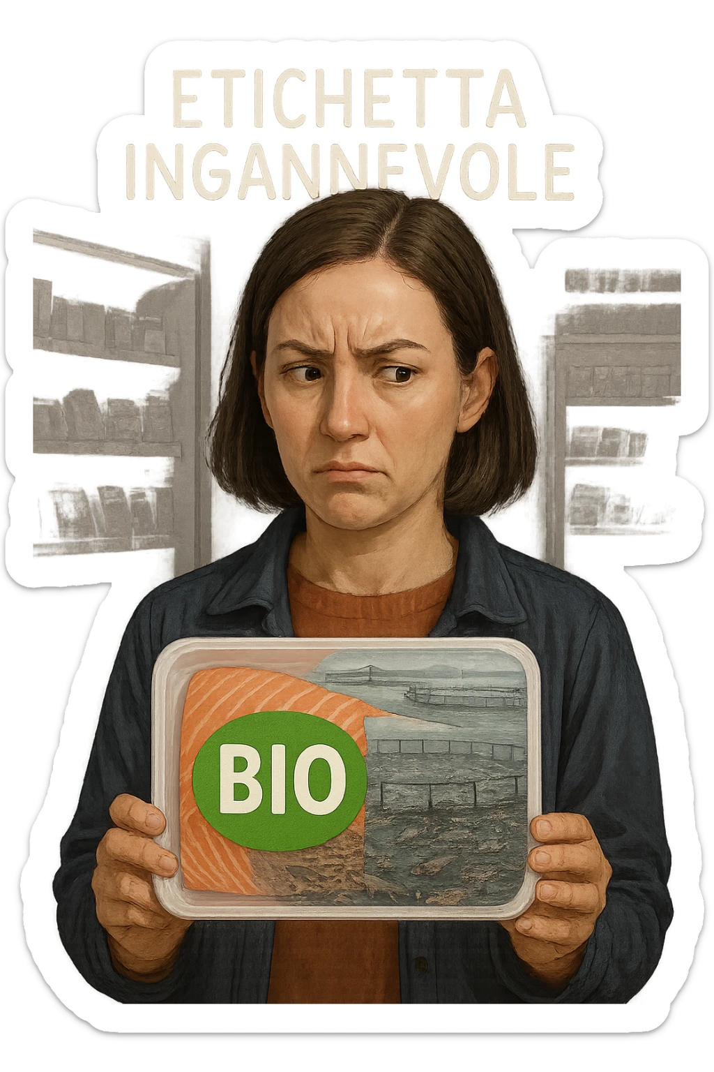 Scena in un supermercato moderno: uomo o donna tiene in mano una confezione di salmone etichettata 'BIO', con un grande bollino verde. Ma in trasparenza, dietro l’etichetta, si intravede un allevamento intensivo di salmoni in gabbie marine, acqua torbida e pesci ammassati. Espressione del cliente confusa e sospettosa. Sopra la testa, testo simbolico fluttuante: 'Etichetta ingannevole'. Colori contrastanti: confezione brillante ma realtà di fondo grigia e artificiale. Stile realistico con elementi simbolici forti sticker