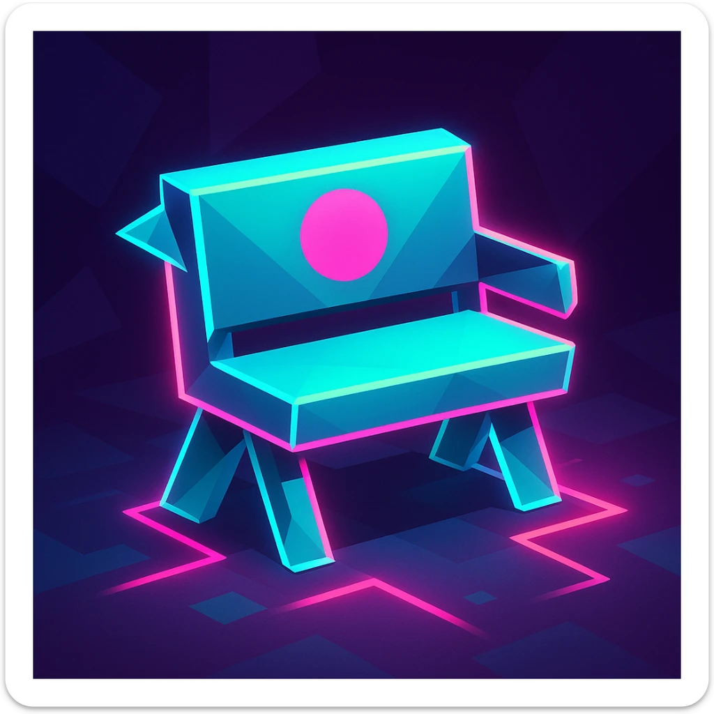 bench designed in the style of Just Shapes and Beats character, simple geometric shapes, vibrant neon colors, glowing edges, playful and energetic sticker
