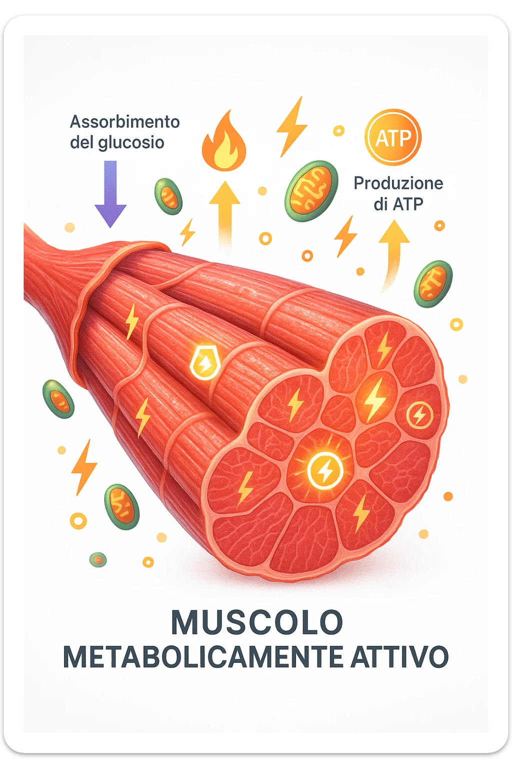 a highly detailed cross-section of human skeletal muscle fibers, shown in vibrant red and pink tones, with visible striations and realistic texture. Glowing arrows and animated icons represent active metabolic processes—such as glucose uptake, fat oxidation, and ATP production—occurring within the muscle tissue. Surrounding the muscle, floating symbols for mitochondria and energy highlight its metabolic activity. The background is clean and clinical, with subtle labels and infographics explaining that muscle is a metabolically active tissue. The overall style is modern, scientific, and visually engaging, suitable for educational or medical use. in italiano sticker