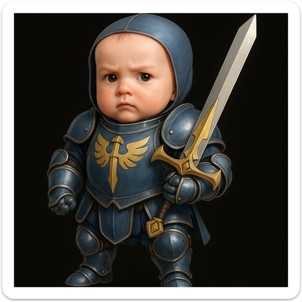 Add a bold Demacian crest to the shiny blue and silver plate armor and sword of the baby warrior, keeping the noble knightly appearance, in a style that matches the original image's cute and noble baby knight appearance. sticker