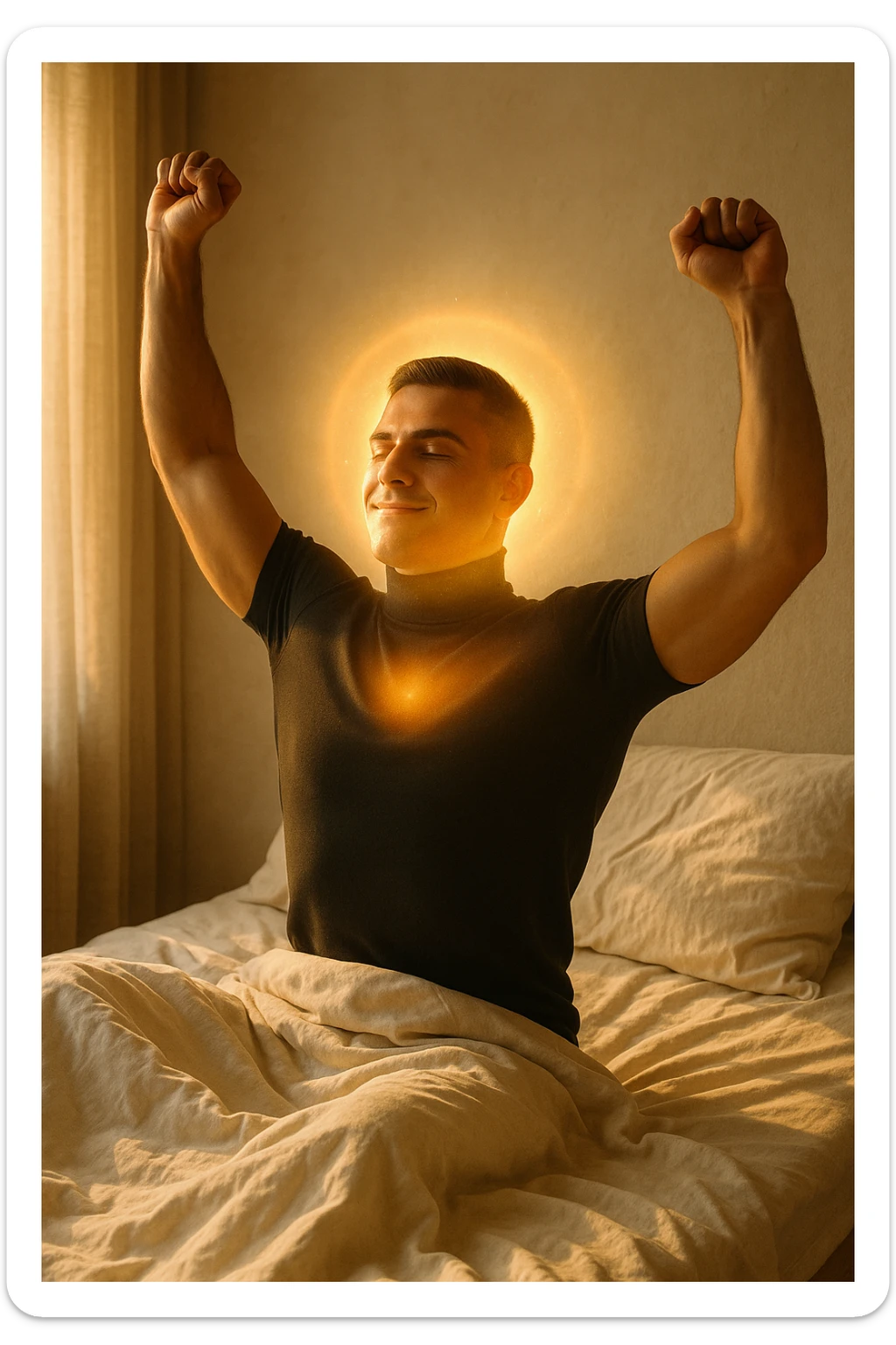 A cinematic photo of a man stretching in bed just after waking up, the morning sunlight flooding the room. His skin glows slightly, expression rested and serene. Muscles subtly defined, energy flowing through his posture. The air is filled with a golden calm. A symbolic glow surrounds his head and chest, representing mental clarity and physical recovery. The scene is clean, natural, minimalist. Rich in textures and realistic warmth. sticker
