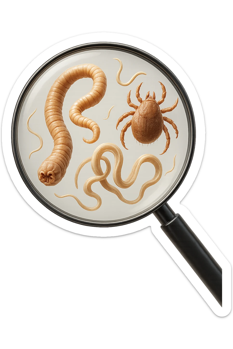 parassiti sotto lente di ingrandimento in 3D stile Dall-e 3 sticker