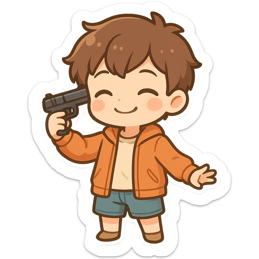 Young boy in shorts and an orange jacket with a gun to his own head, smiling sticker