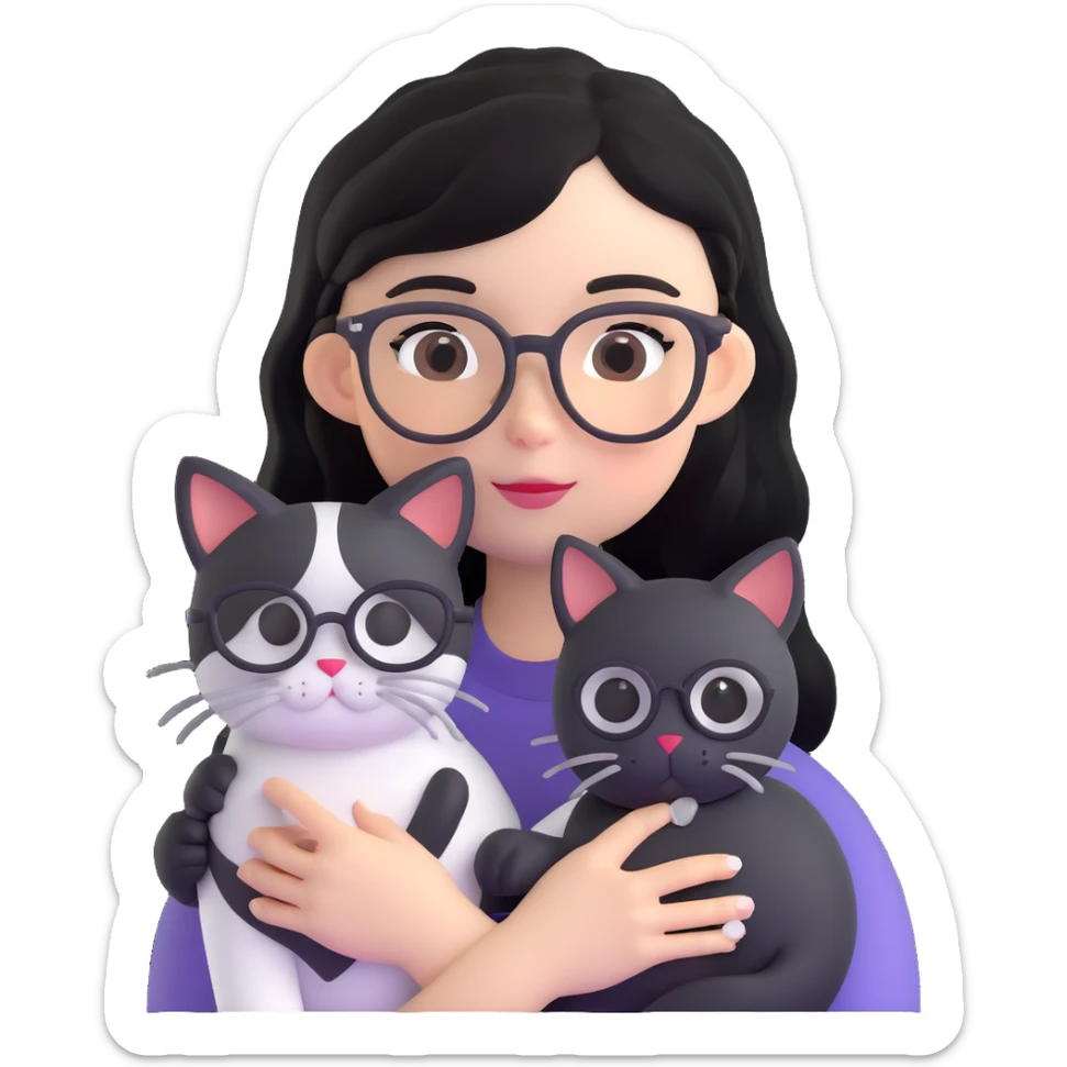Girl with black hair wearing glasses holding a black and white cat sticker