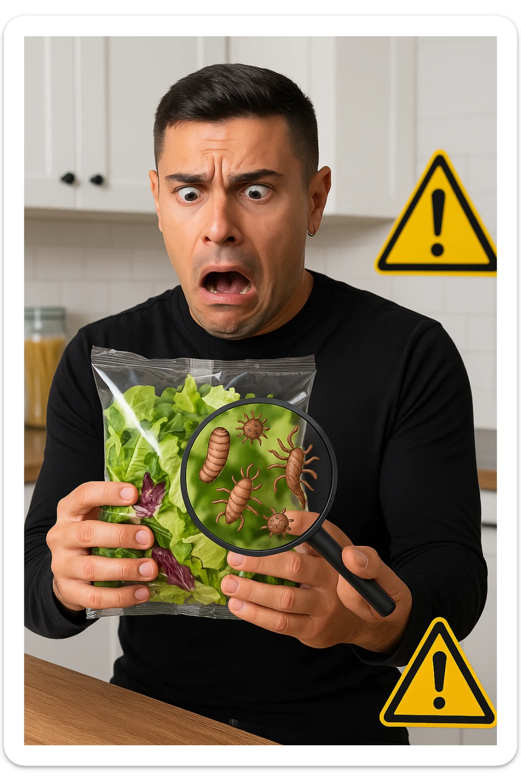 a man holds a bag of salad with both hands, his face frozen in shock as he looks at the contents. Inside the bag, exaggerated but realistic depictions of parasites and bacteria are visible, some highlighted with a magnifying glass overlay. The background is a clean kitchen, and a warning sign appears in the corner to reinforce the message about food safety. sticker