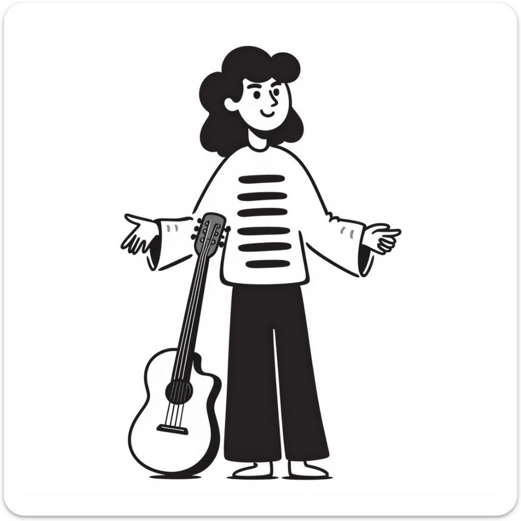 A musician smiling and shrugging shoulders with a carefree attitude, happy and unbothered expression, suggesting "it's up to you if you continue like this, I'm happy" sticker