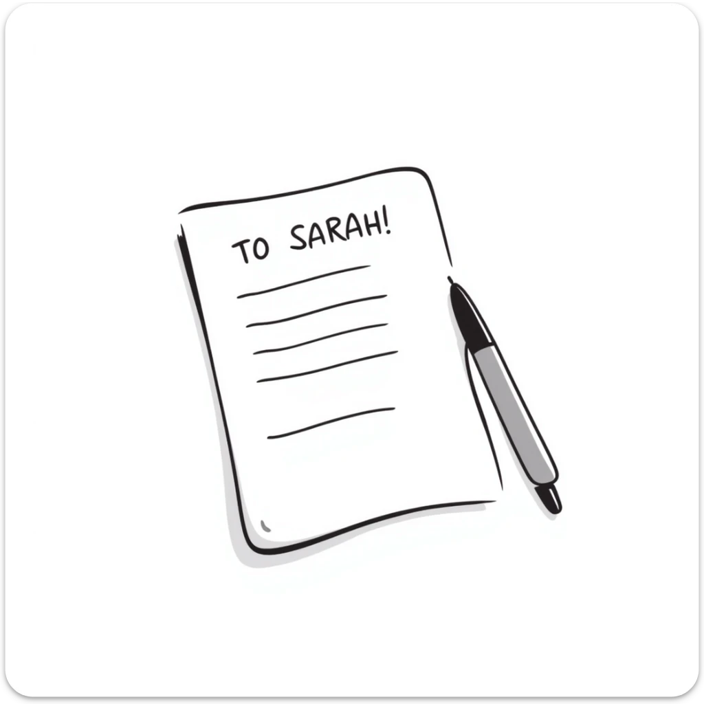 a paper letter with "TO SARAH" text written at the top of the letter, with a pen lying next to it sticker