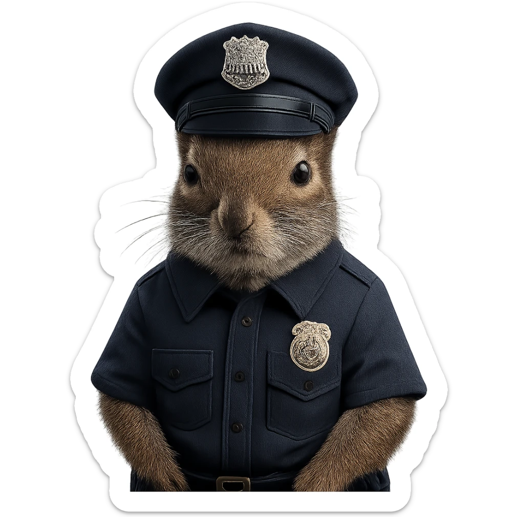 a realistic squirrel in a police uniform, serious face, police hat, badge visible, standing on hind legs sticker