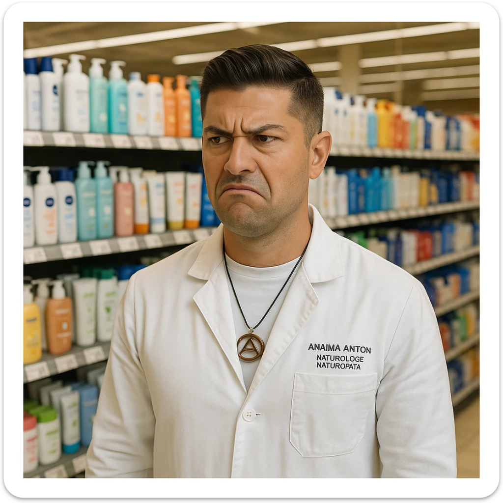 Create a realistic image of a man with the face and appearance of the person in the reference photo, standing in a supermarket. The man has a displeased expression in front of shelves filled with chemical cosmetic products for skin and body (creams, lotions, etc.). The man looks annoyed, as if thinking these products should be abolished. The tone is realistic and communicative. sticker