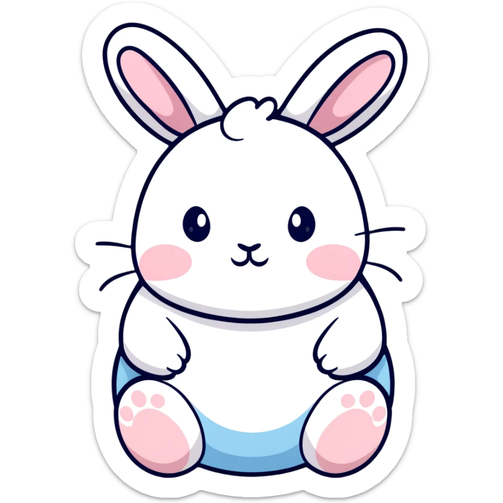 A chubby bunny character in exact Sanrio style like Kuromi and Cinnamoroll, ultra cute, super simplified kawaii design, oversized head on tiny body, rosy cheeks, small dot eyes, simple bow, pastel pink and soft blue colors, pure white face, thick black outline sticker