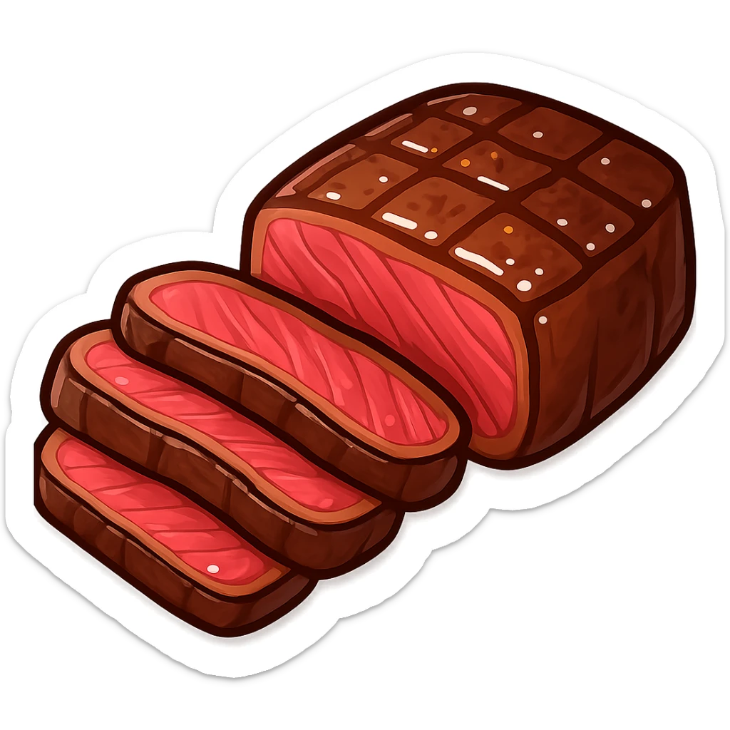 Create an emoji-style illustration of a steak inspired by the provided photo. Focus solely on the steak, excluding any potatoes or vegetables. Include juicy details to emphasize its deliciousness. No background, isolate the steak. Use an emoji style look as a reference for the design. sticker