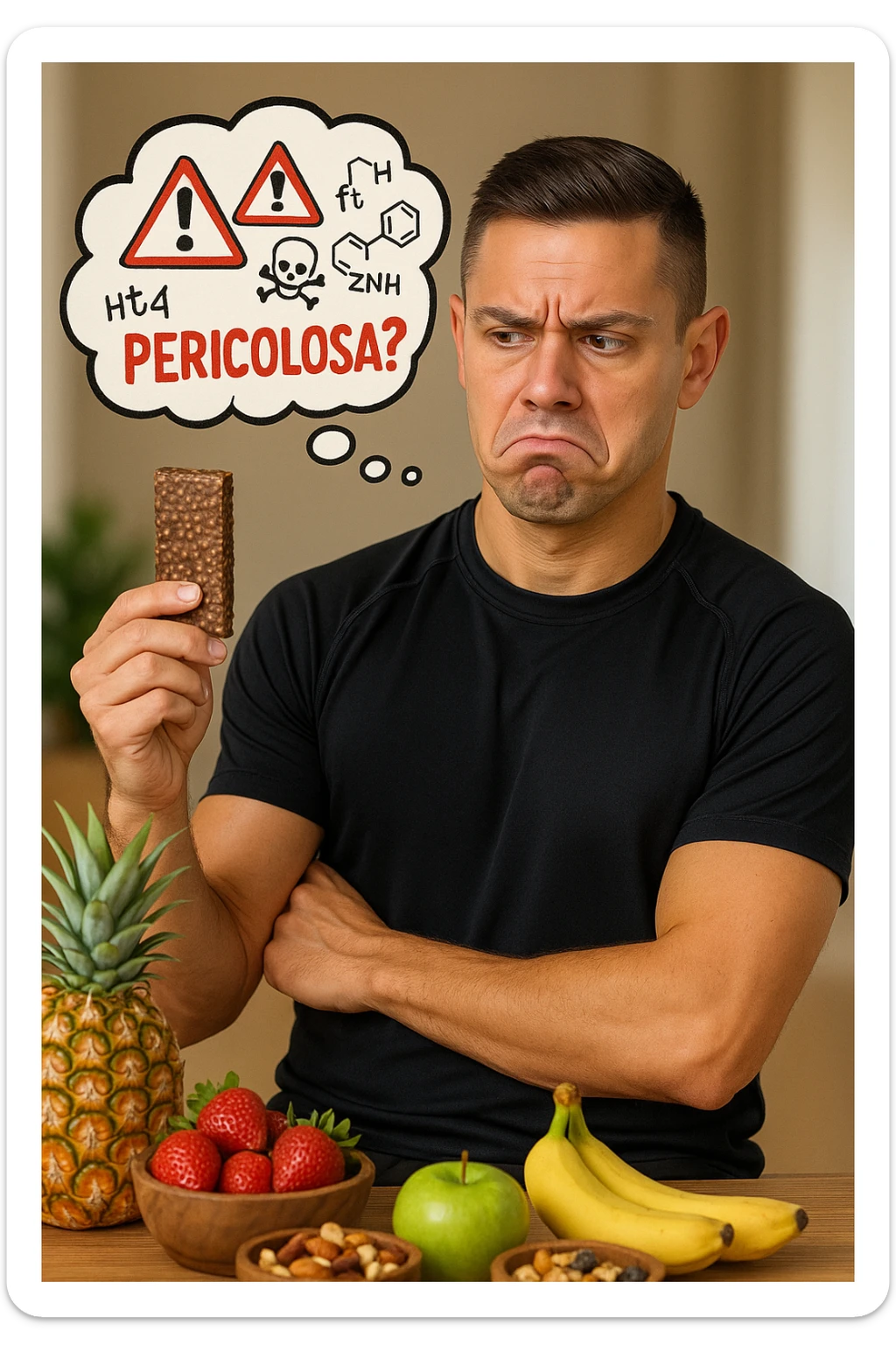 un uomo in abbigliamento sportivo tiene in mano una barretta proteica, osservandola con un’espressione scettica e preoccupata. Sopra la barretta, una nuvoletta di pensiero mostra simboli di allarme, ingredienti chimici e la scritta “Pericolosa?” in rosso. Sullo sfondo, frutta fresca e altri snack naturali sono visibili sul tavolo, sottolineando la sua preferenza per alternative più sane. sticker
