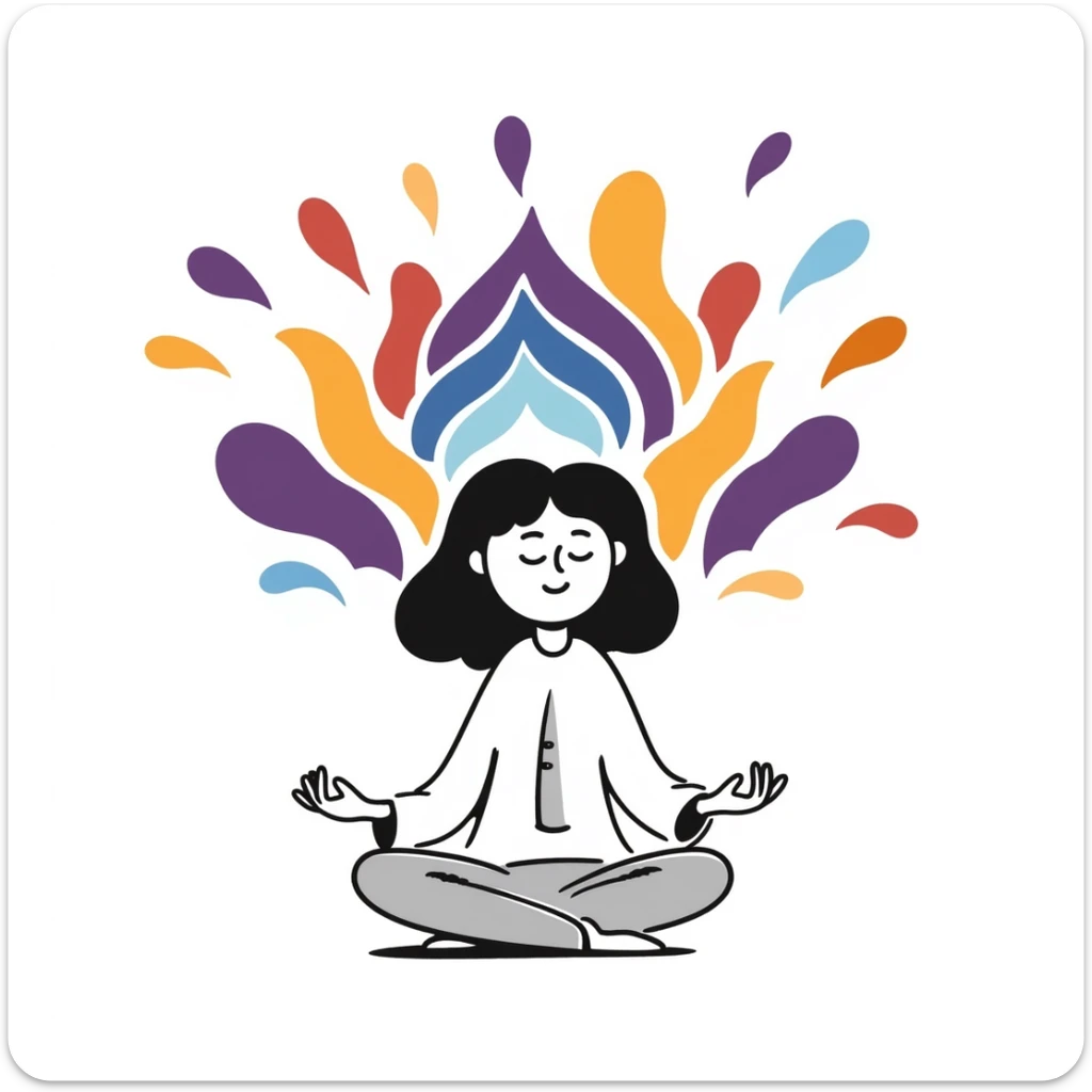 A person in a peaceful meditation pose with colorful rainbow waves of calmness radiating outward, representing mindfulness and stress relief. Vibrant hand-drawn doodle style with purples, blues, and warm tones. sticker