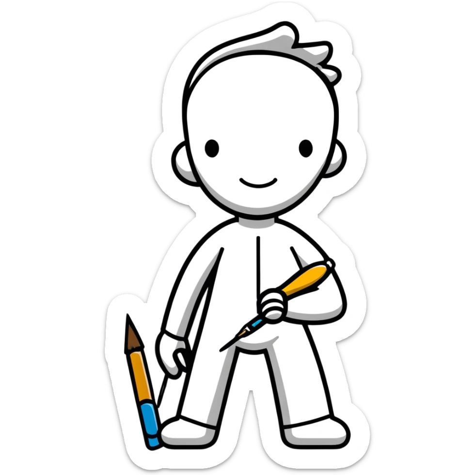 A paintbrush transforming into a 3D metal human silhouette sculpture, symbol of artistic identity, with defined sculptural details sticker