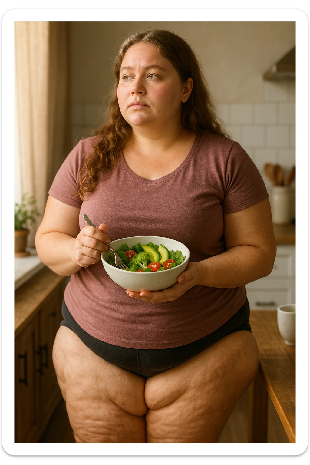 Donna con Lipedema che fa la dieta per migliorare anche a causa della sua PCOS, immagine realistica sticker