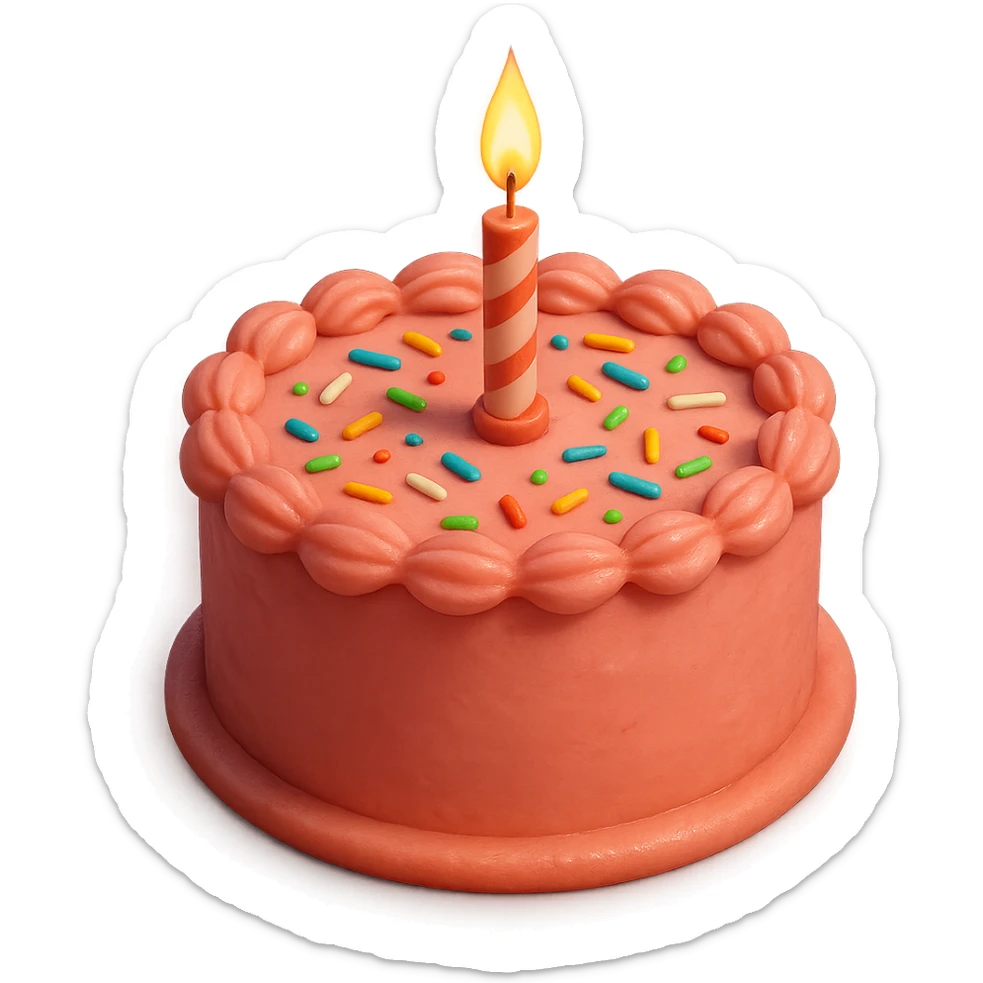 Draw a Pixar-style birthday cake with pink frosting and a single candle. The cake should be visible from the front and top. sticker