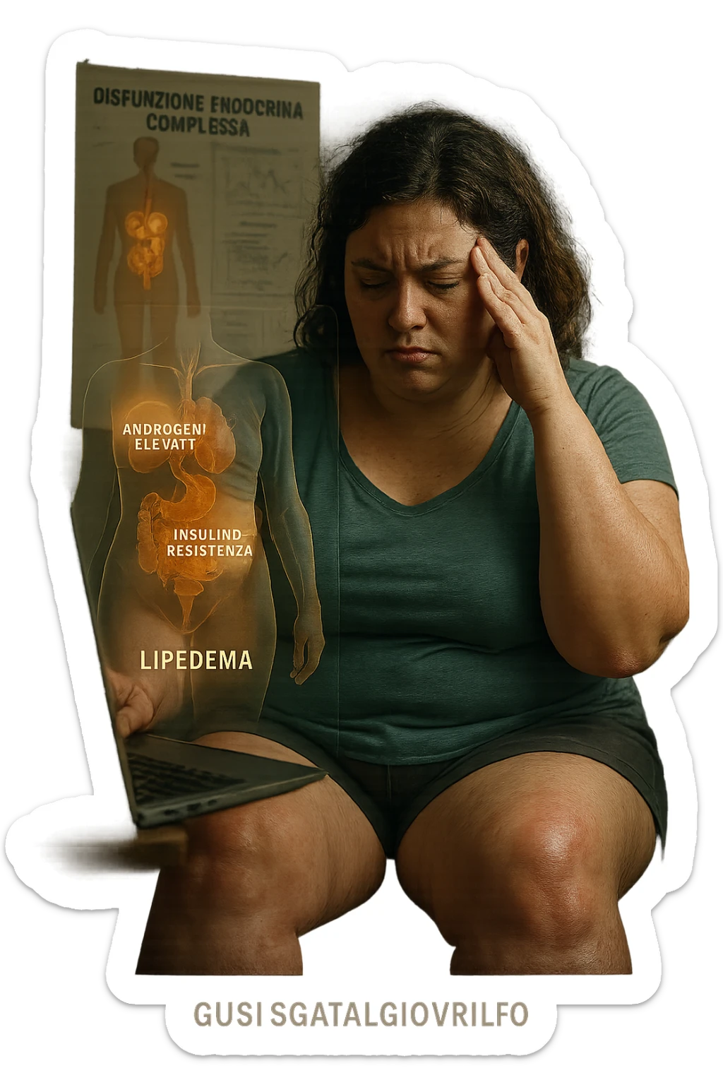 cinematic realistic in italiano Woman with PCOS struggling with hormonal chaos, transparent overlay showing elevated androgens and insulin resistance affecting her body, lipedema causing disproportionate fat accumulation in legs and arms despite normal torso, expression of frustration with unexplained weight gain, medical charts showing complex endocrine dysfunction, painful swollen limbs contrasting with metabolic confusion in italiano sticker