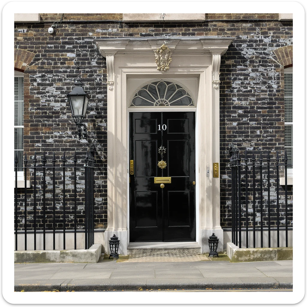 Zoom out for a wider angle view of 10 Downing Street in London, isolated against a white background. Maintain the cinematic, realistic style with the iconic black door, Georgian brick facade, lifelike detail, accurate colors, and bright lighting. Do not change anything else. sticker